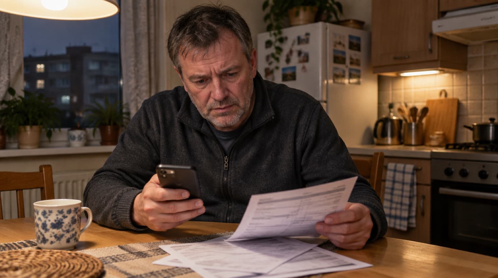 Ustaraný muž večer kontroluje platby v telefonu a na výpisu