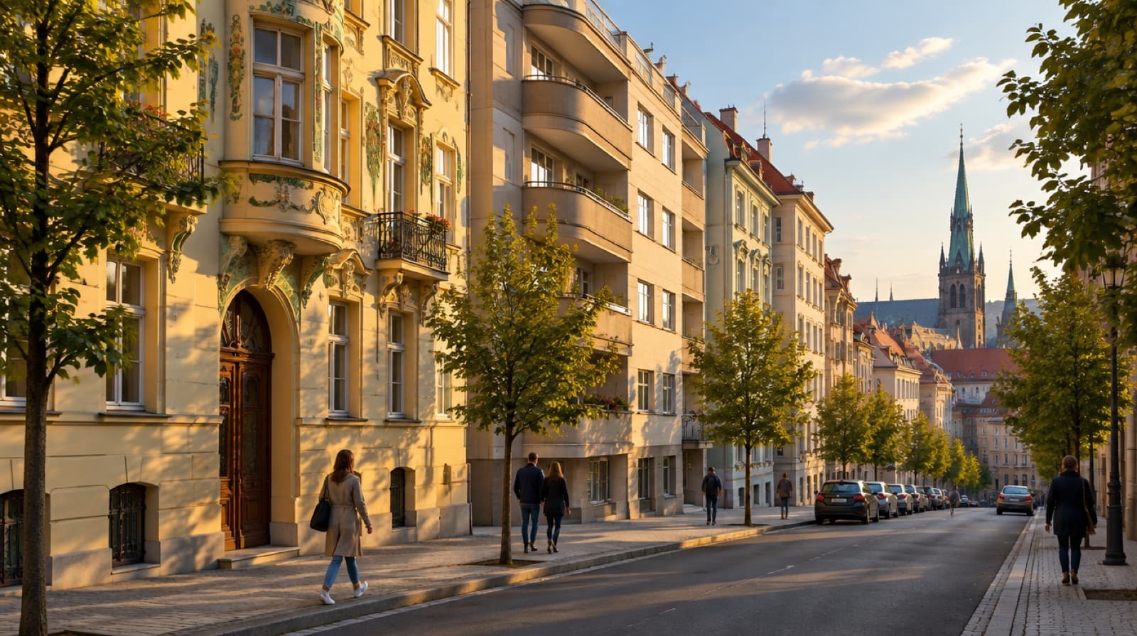 Ulice s činžovními domy v Plzni v podvečerním světle